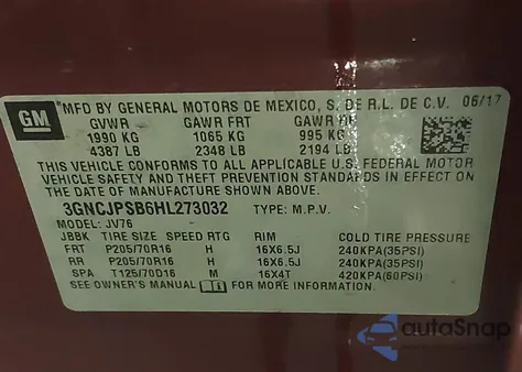 2017 Chevrolet Trax Lt из США, поврежденный, VIN 3GNCJPSB6HL273032